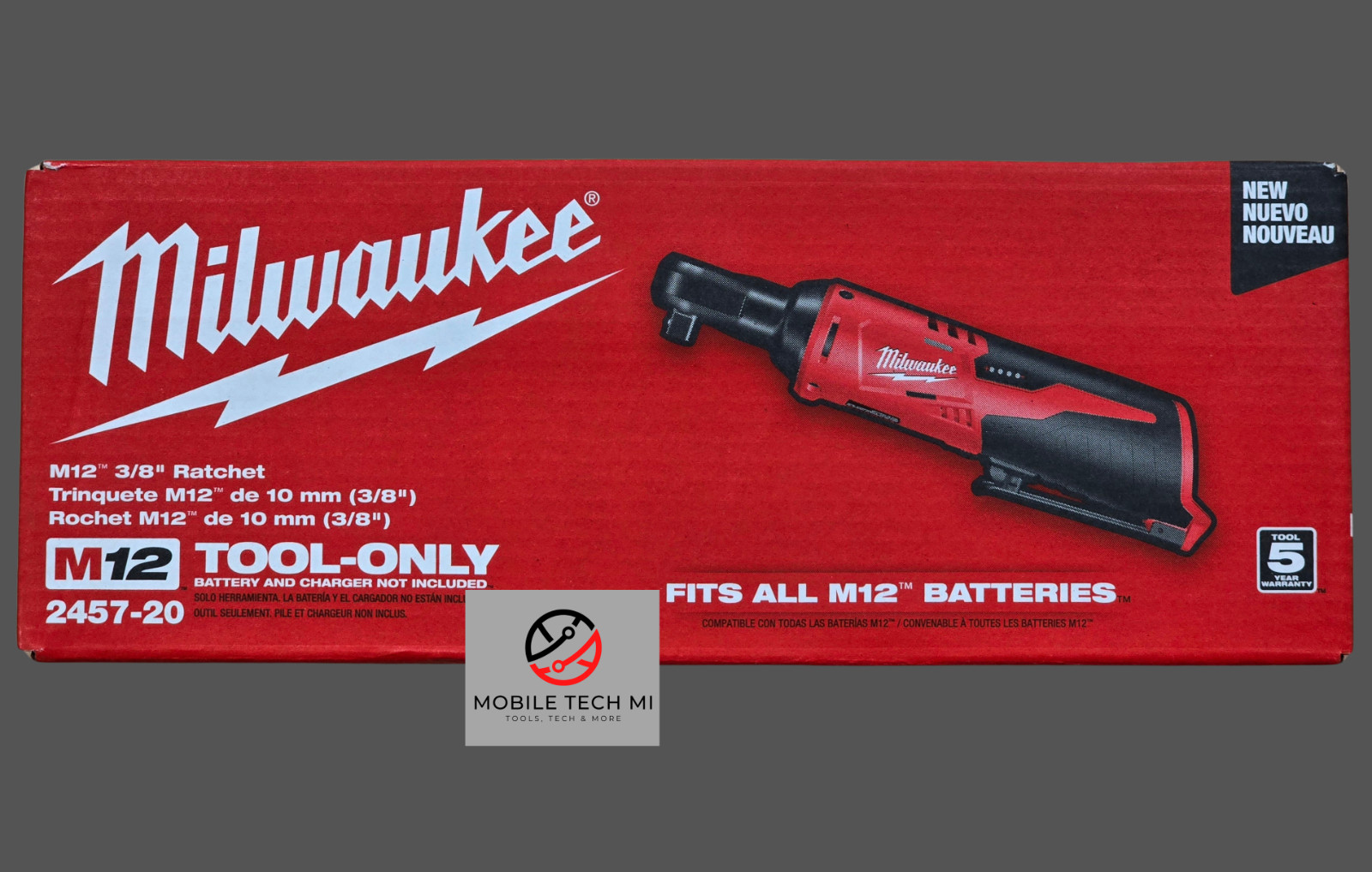 NEW Milwaukee M12 Cordless 3/8&Prime; Ratchet, 2457-20 Kit Charger & 2.0 AH Battery