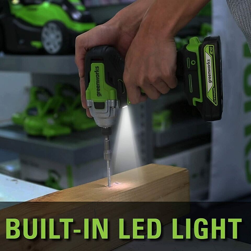 Greenworks 24V Brushless Impact Driver, two USB Batteries, and Charger