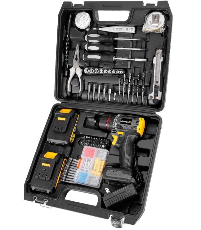 Taladro compacto 20V sin escobillas con 2 baterías y set 135 herramientas