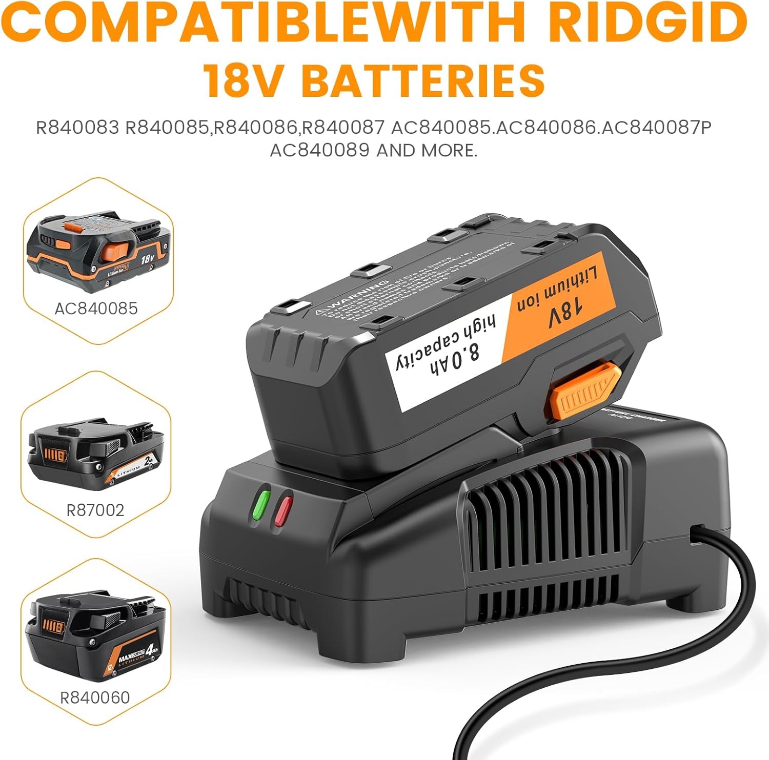 For Ridgid R840085 18Volt 8Ah Lithium Rigid 18V R840087 R840083 Battery+Charger