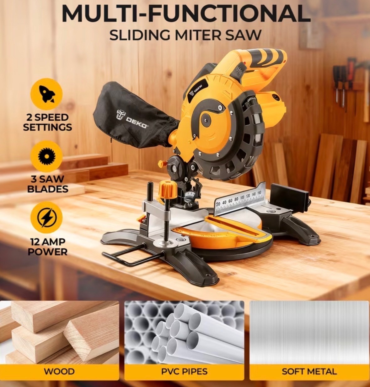 Corded Miter Saw w/ Ring Spanner,210mm Blade,5000 RPM,12A/1450W,0-45° Single-Bev