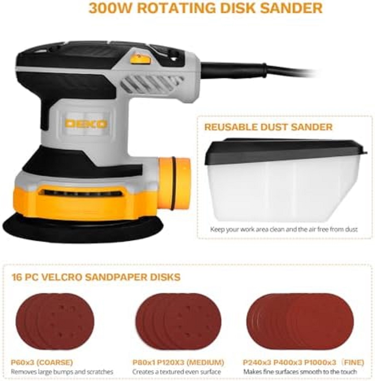 Orbital Sander Corded Hand Sander: 5&Prime; Random Orbital Sander with Dust Box, 6 Va