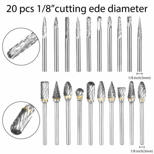 20x Double Cut Tungsten Carbide Burrs Rotary Burr Set 1/8&Prime; Shank Die Grinder Bit