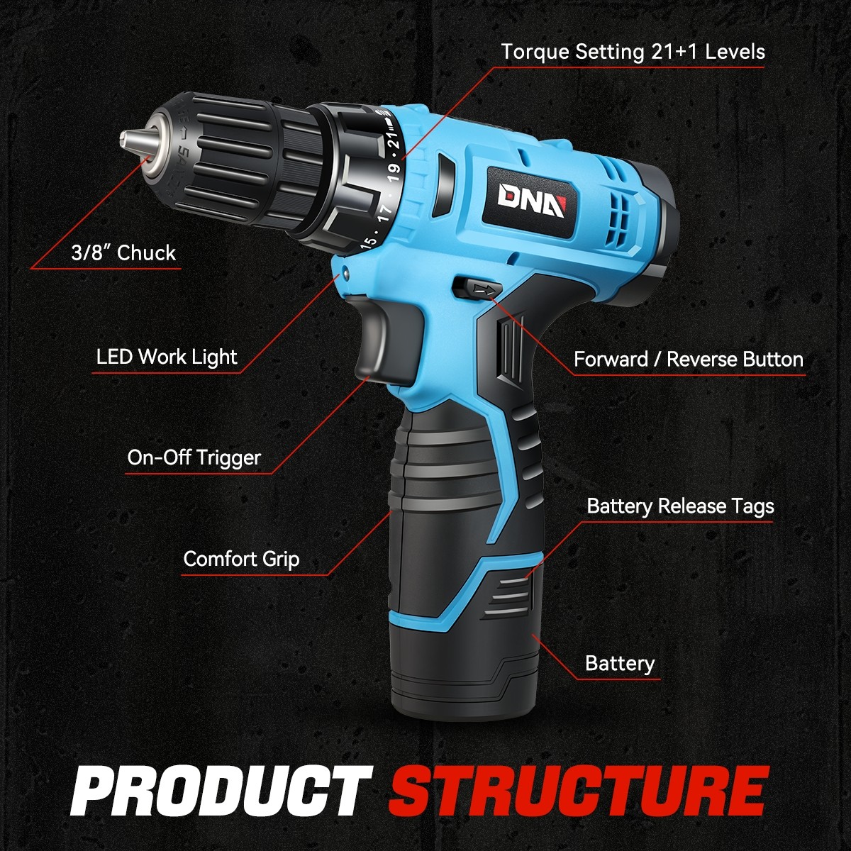 21+1 Torque Speed Setting 650RPM 12V Battery Charging Cordless Drill Driver Blue