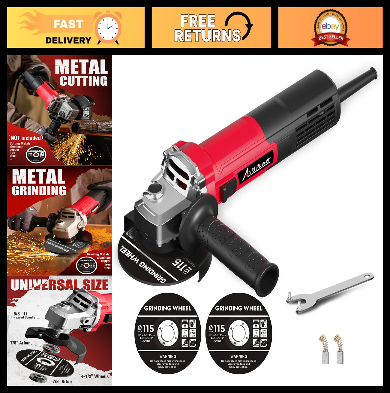 4.5&Prime; Electric Angle Grinder 750W 6.5A Metal Cutting Tool, 11500 RPM, Wheels & Ha