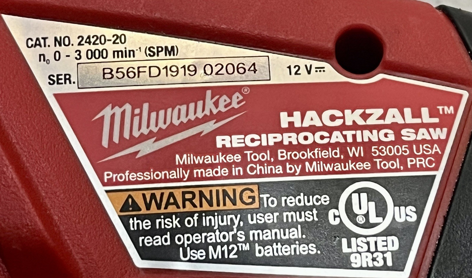Milwaukee M12 Hackzall Reciprocating Saw (2420-20) W/BATTERY AND CHARGER