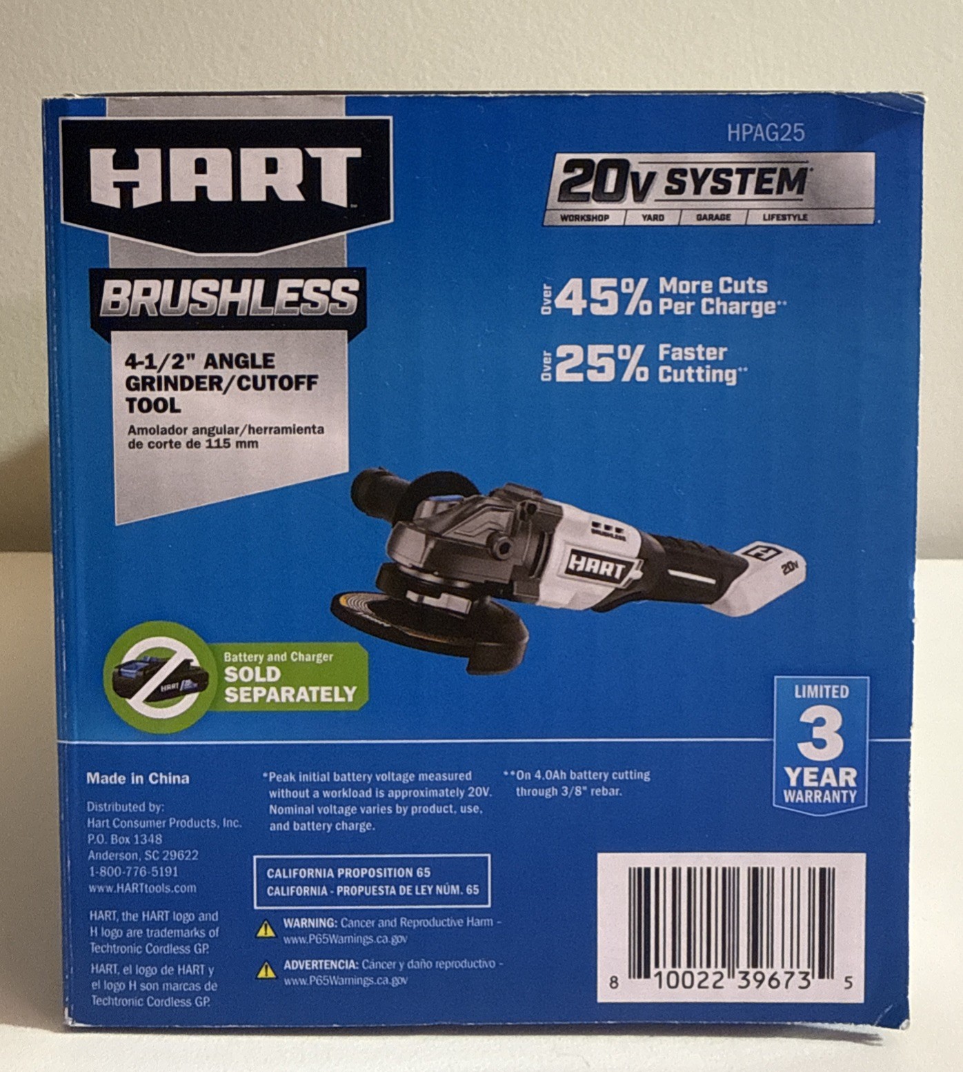 NEW HART 20-Volt Brushless 4-1/2-Inch Angle Grinder/Cutoff Tool ONLY (HPAG25)