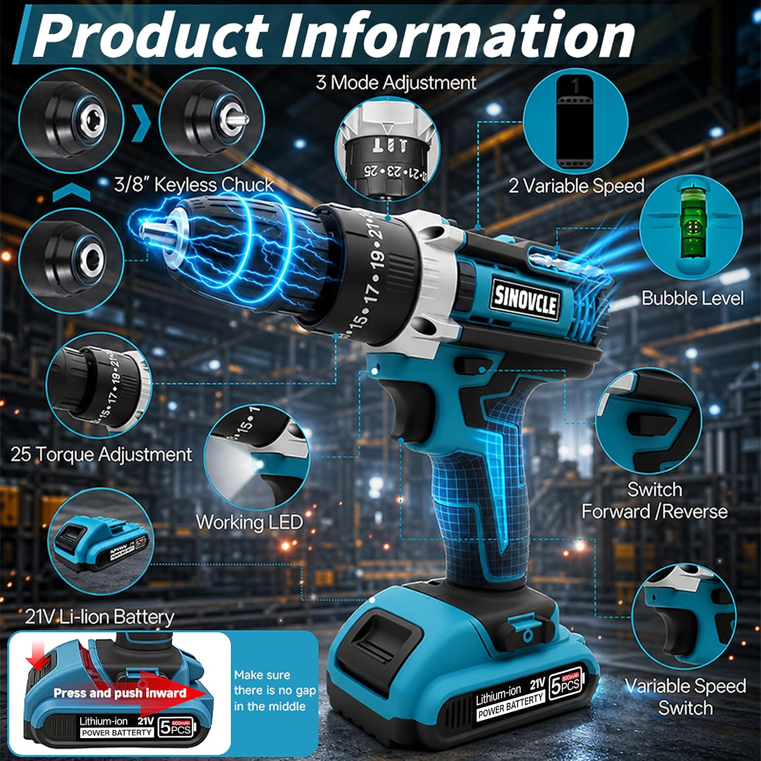 21V Cordless Drill with 2 Batteries 50Nm High Torque Power Drill Driver 25+3 Clu