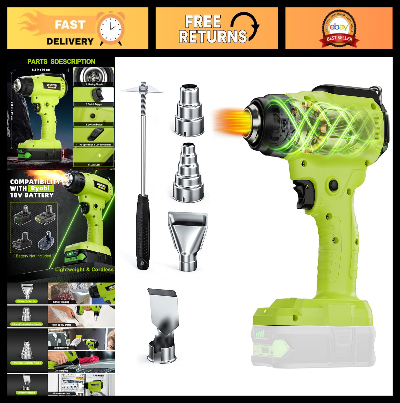 Cordless Heat Gun 350W with LED Light, Variable Temp 122°F-120°F, 4 Nozzles & Sc