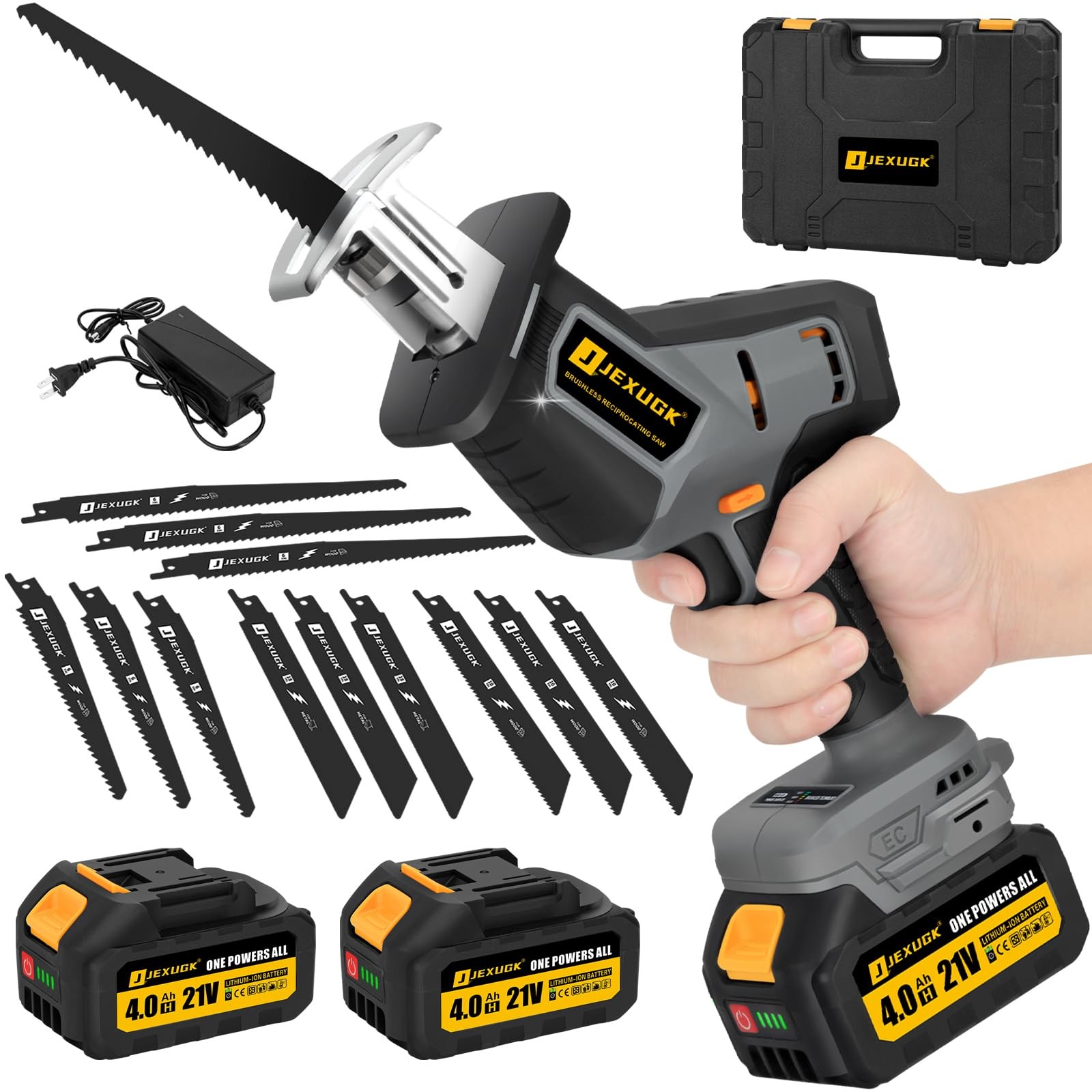 JEXUGK 21V Cordless Reciprocating Saw Kit w/ 2 Batteries & 12 Blades