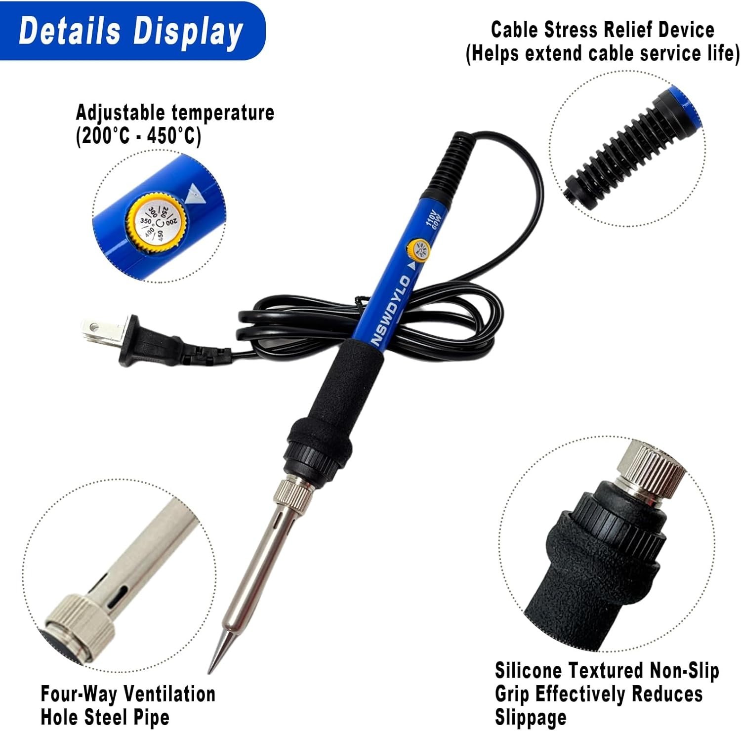 60W Adjustable Temperature Soldering Iron 200-450°C for Precision Repairs