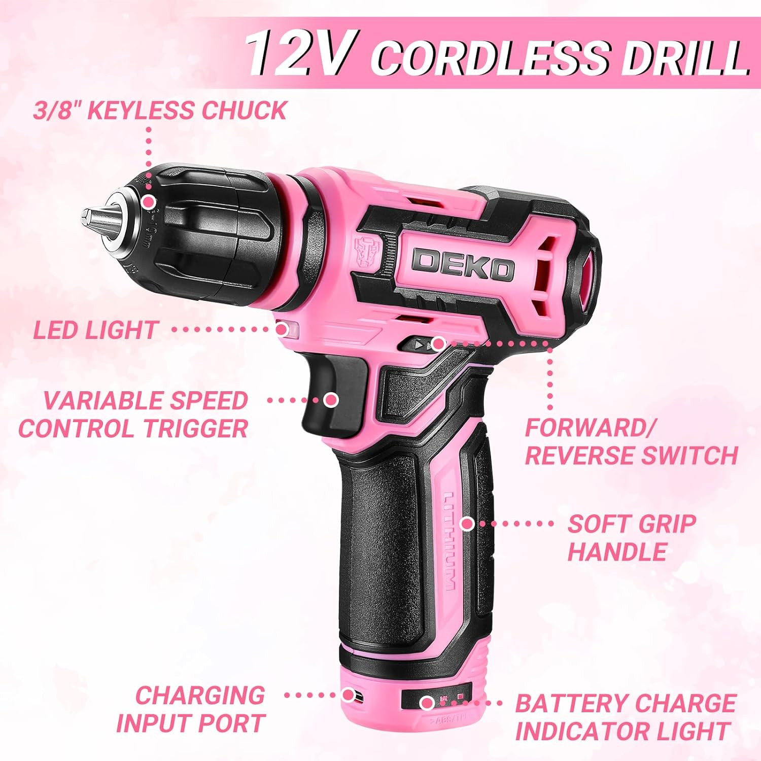 Pink Tool Kit Box Drill Set： Home Mechanic Toolbox with 12V Power Cordless Drill