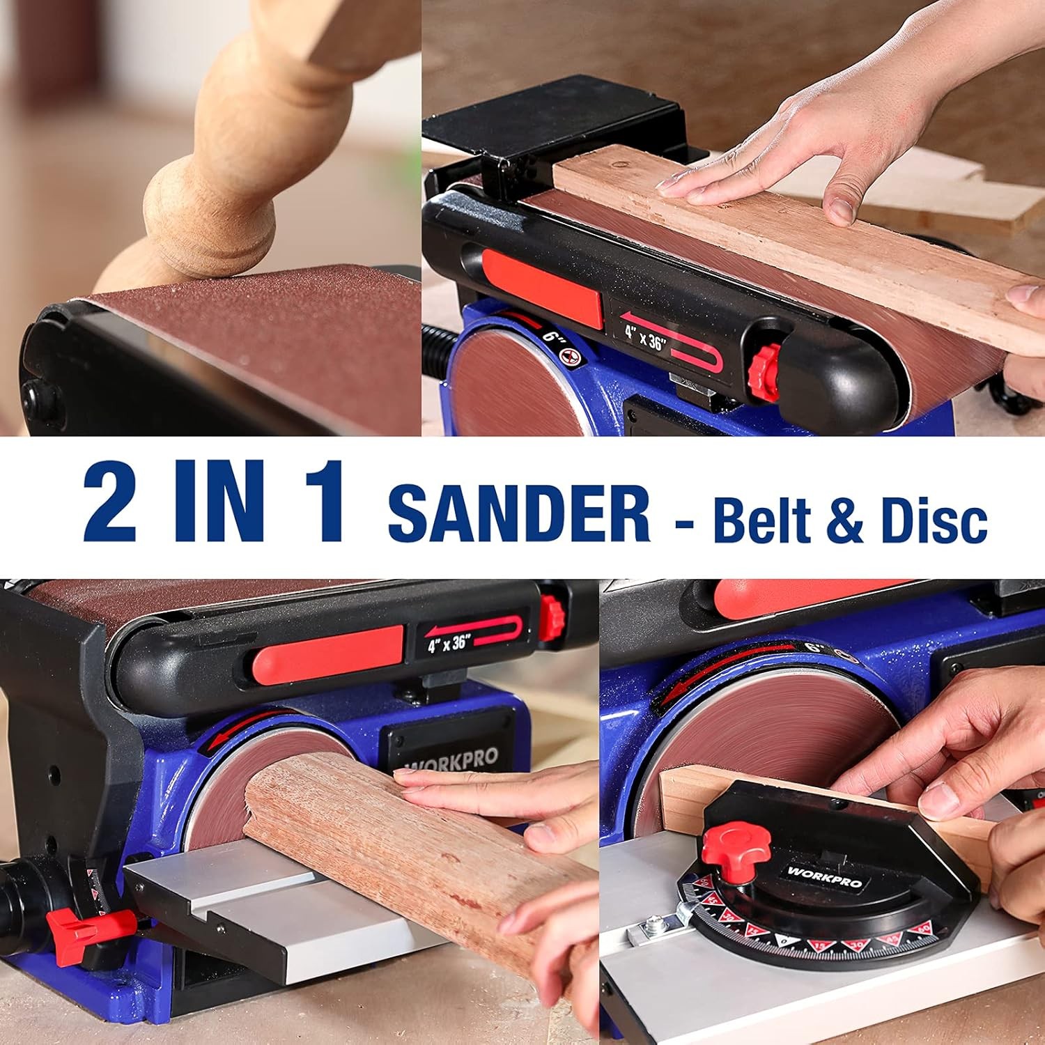 WORKPRO 1/2 HP Belt Disc Sander 4in.x36in. Belt &6in. Disc Sander 6PCS Sandpaper