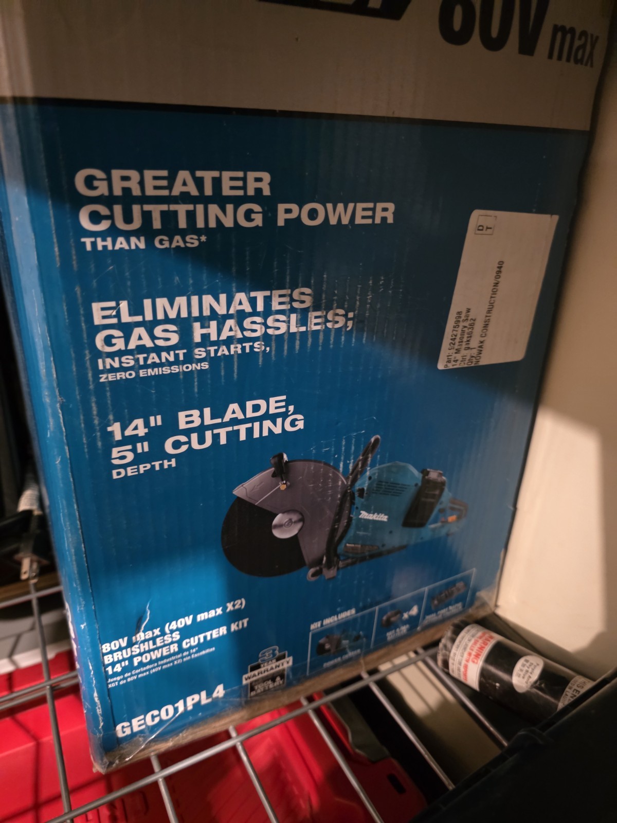 Makita GECO1PL4 Brushless 14 in Concrete Saw 72V-80V Max XGT X2 T new in box.