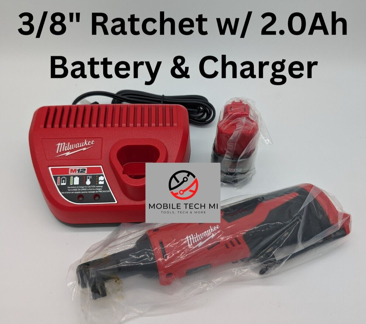 NEW Milwaukee M12 Cordless 3/8&Prime; Ratchet, 2457-20 Kit Charger & 2.0 AH Battery