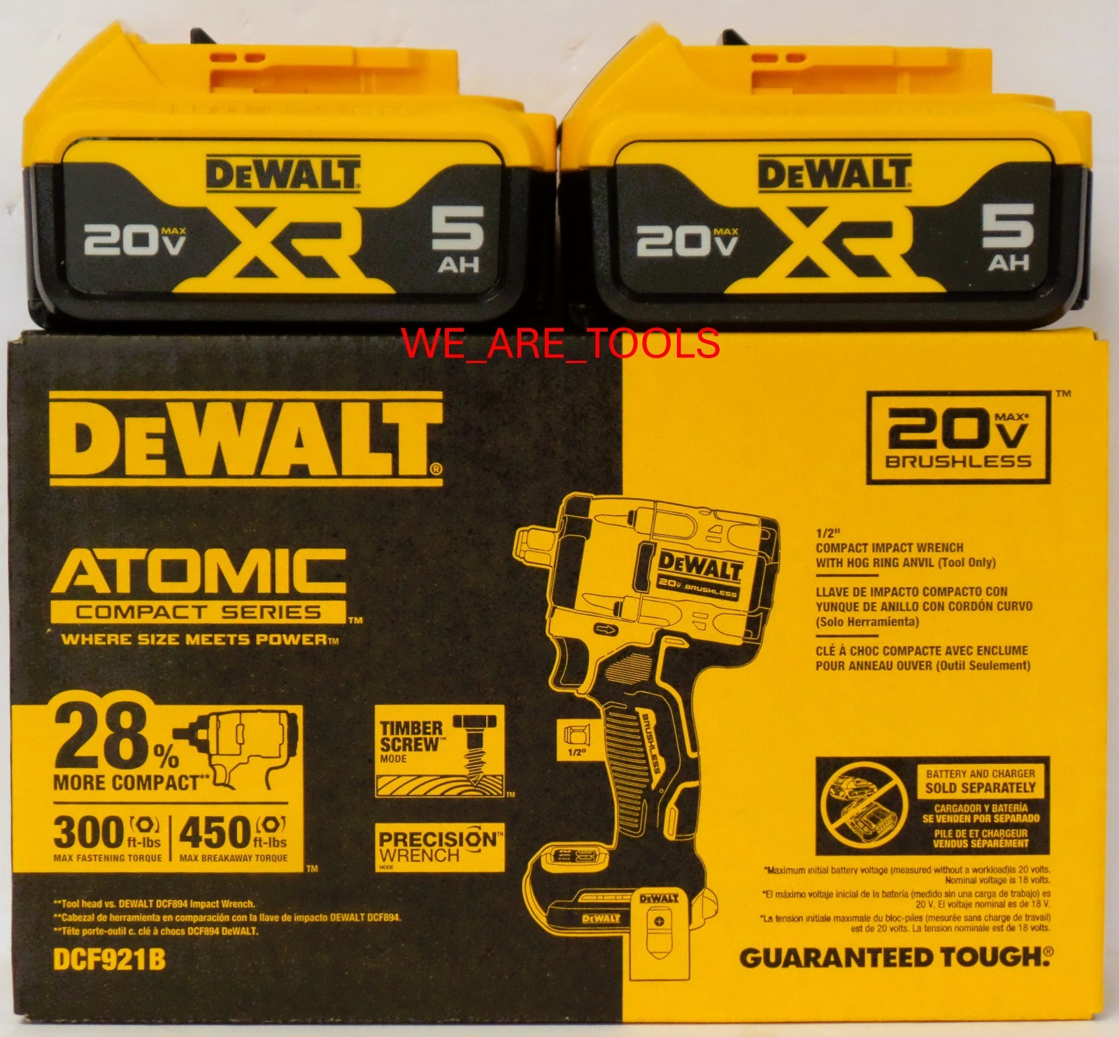 Dewalt DCF921B 20V Atomic 1/2&Prime; Impact Wrench Hog Ring, 2) DCB205 5.0 Ah Battery