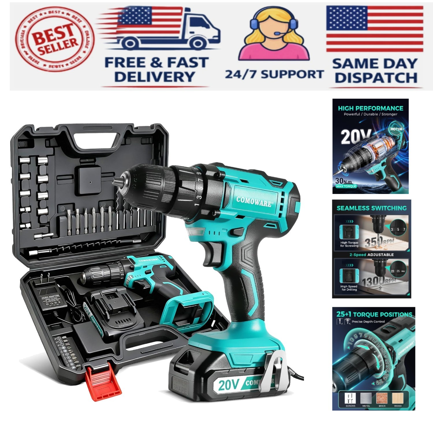 Versatile 20V Cordless Drill: 266 In-lbs Torque, 2 Speeds & 34 Accessories