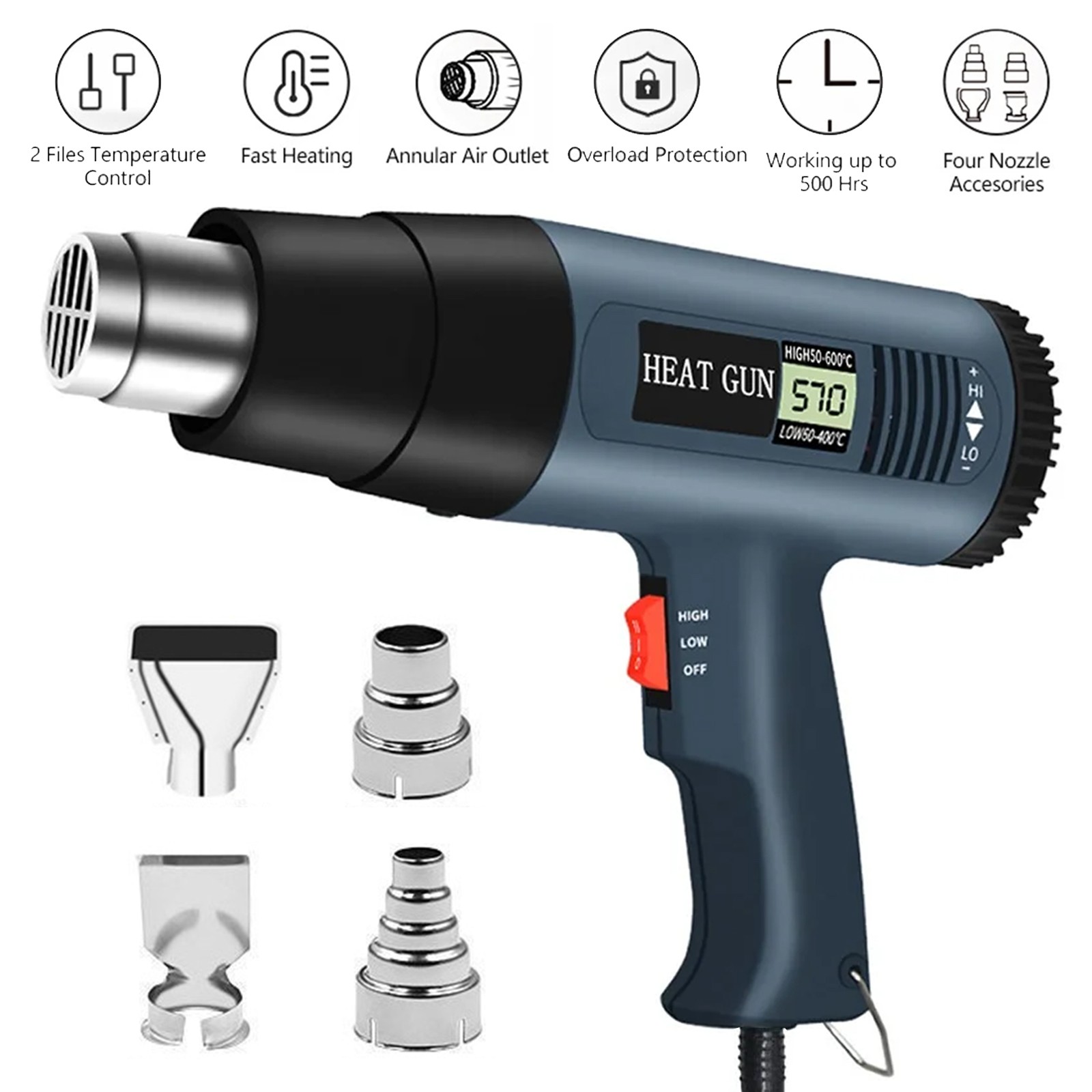 2500W Heat Gun Electric Hot Air Gun Dual Temperature LCD Display 4 Nozzles Tool