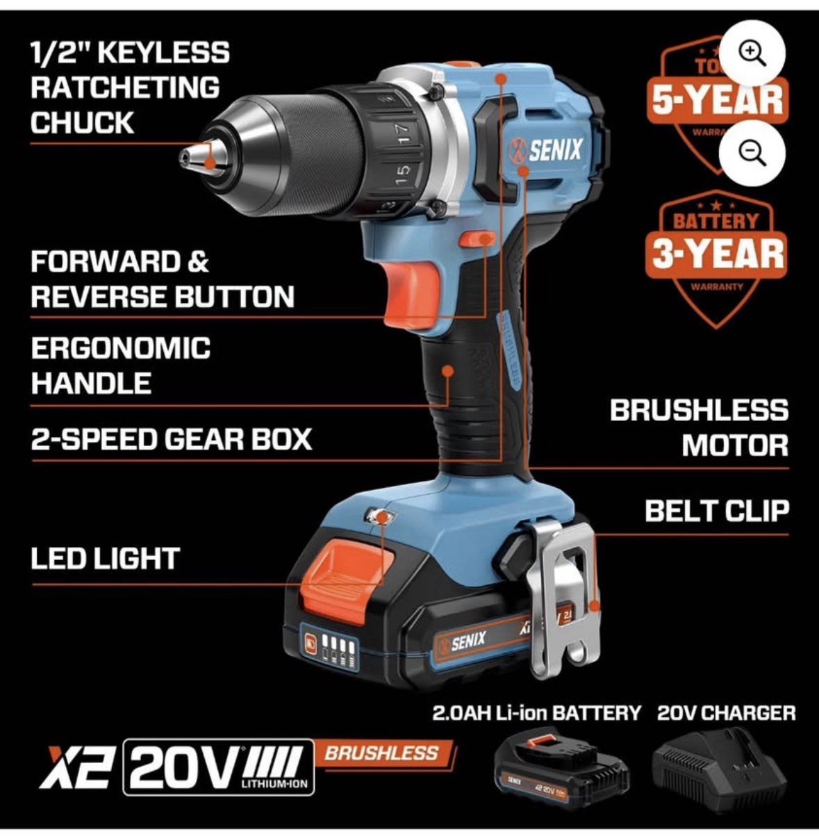Senix 20V Max Brushless 1/2” Drill Driver, 45 Foot-lbs Of Max Torque 2000 RPM