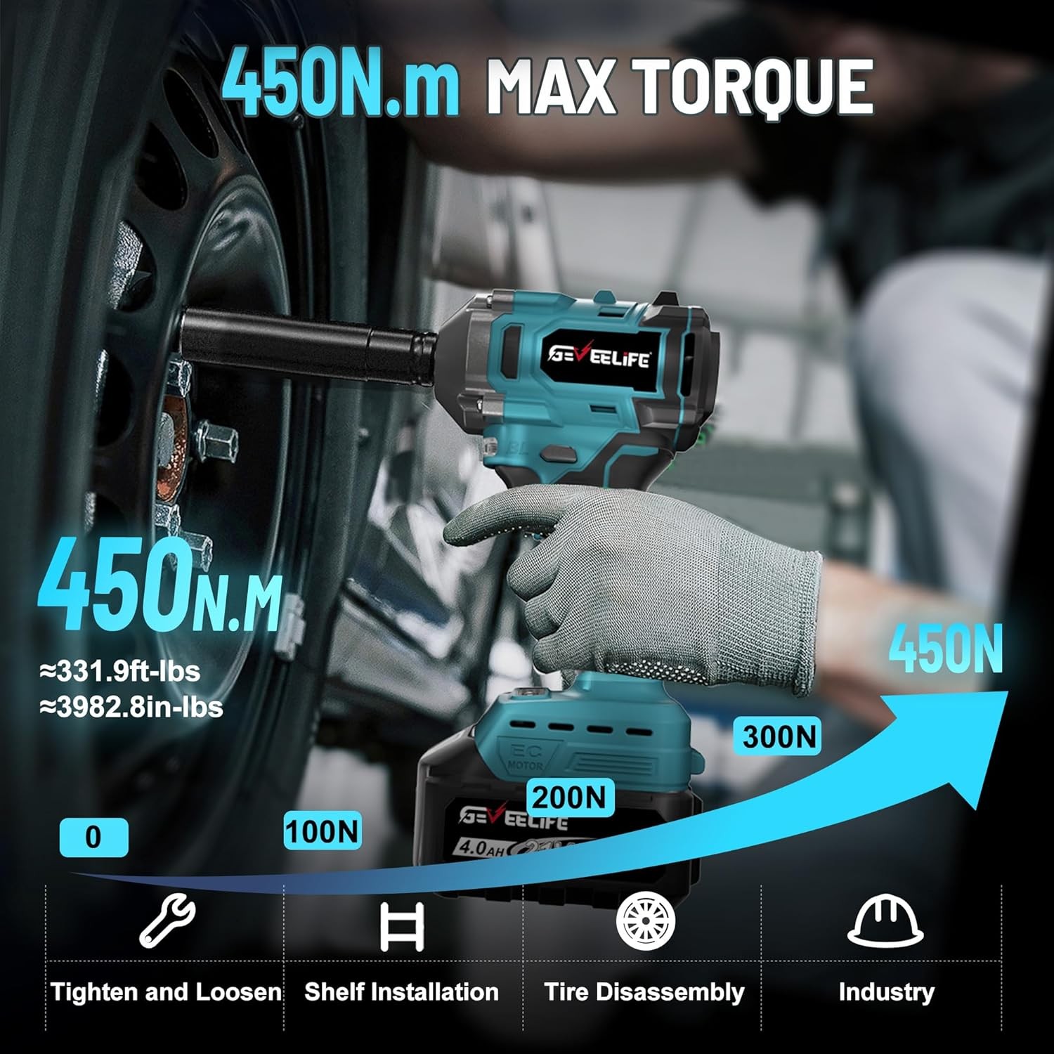 450N.m/332Ft-lbs Brushless Impact Wrench,1/2&Prime; Cordless Gun with 4.0Ah…