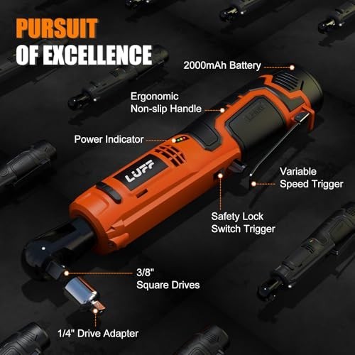 Cordless Ratchet Wrench 3/8 Inch 12V 50N.m 2000mAh 2 Batteries Fast Charger