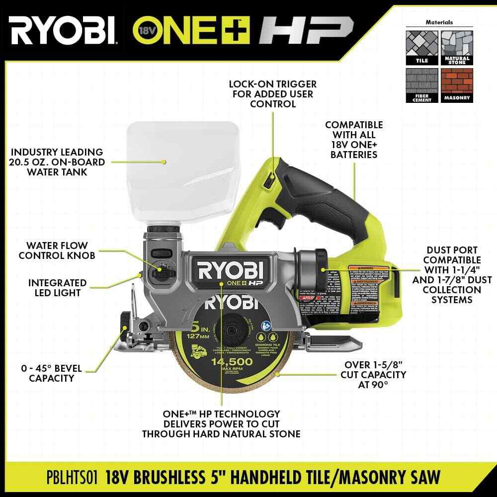 RYOBI ONE+ HP 18V Cordless Handheld Wet/Dry Masonry Tile Saw (Tool Only)