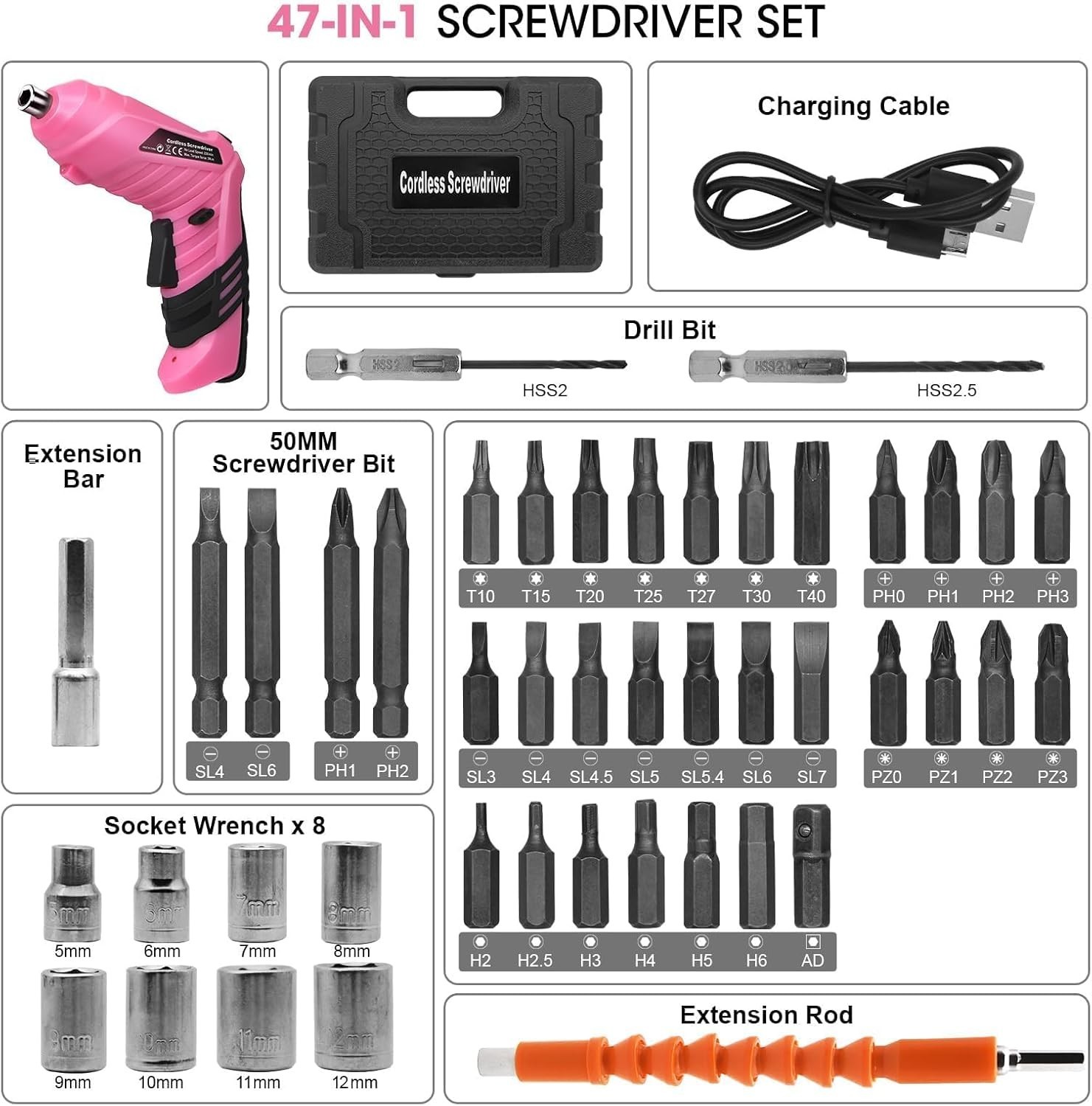 Pink Cordless Electric Screwdriver Set: 47-Piece Rechargeable Drill for Women