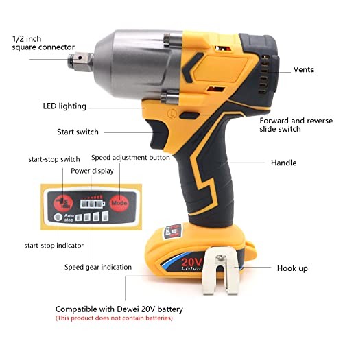 500 ft-lbs maximum torque, 20V 1/2 inch cordless impact wrench 1/2 600Nm