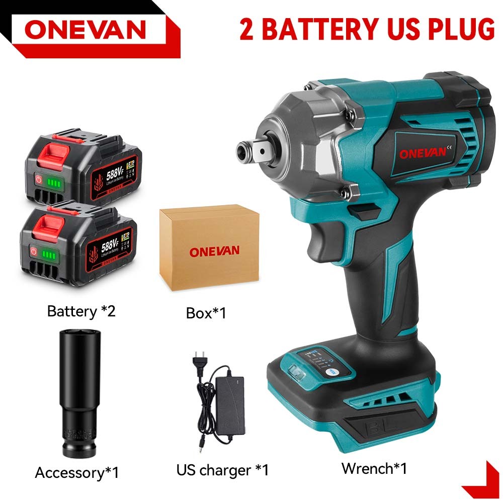 ONEVAN 1200Nm Electric Impact Wrench 1/2 » Brushless Power Driver w/ 2 Batteries
