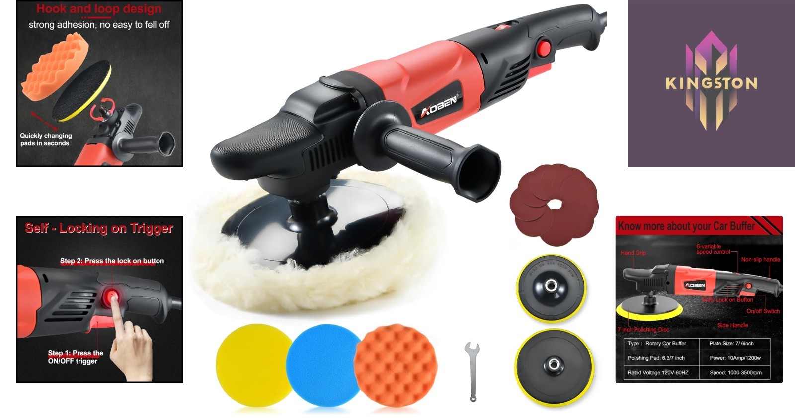 Powerful 1200W Rotary Polisher with 6-7 inch Pads for Professional Car Detailing