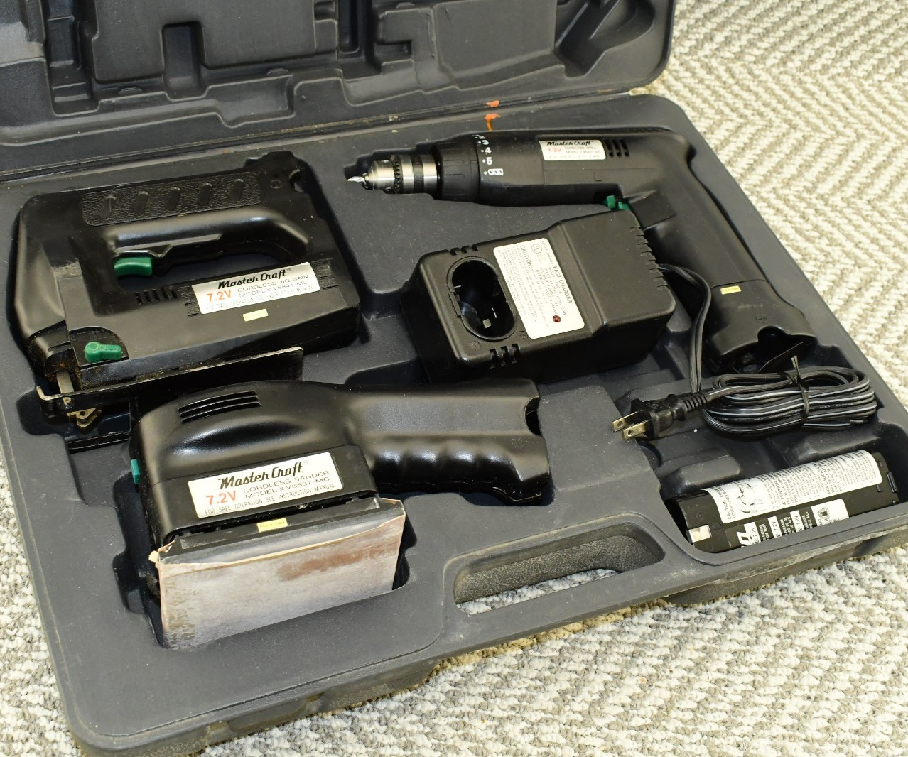 Vintage MASTERCRAFT Cordless KIT 7.2 V Sander Jig Saw Drill Makita RARE w/ Case