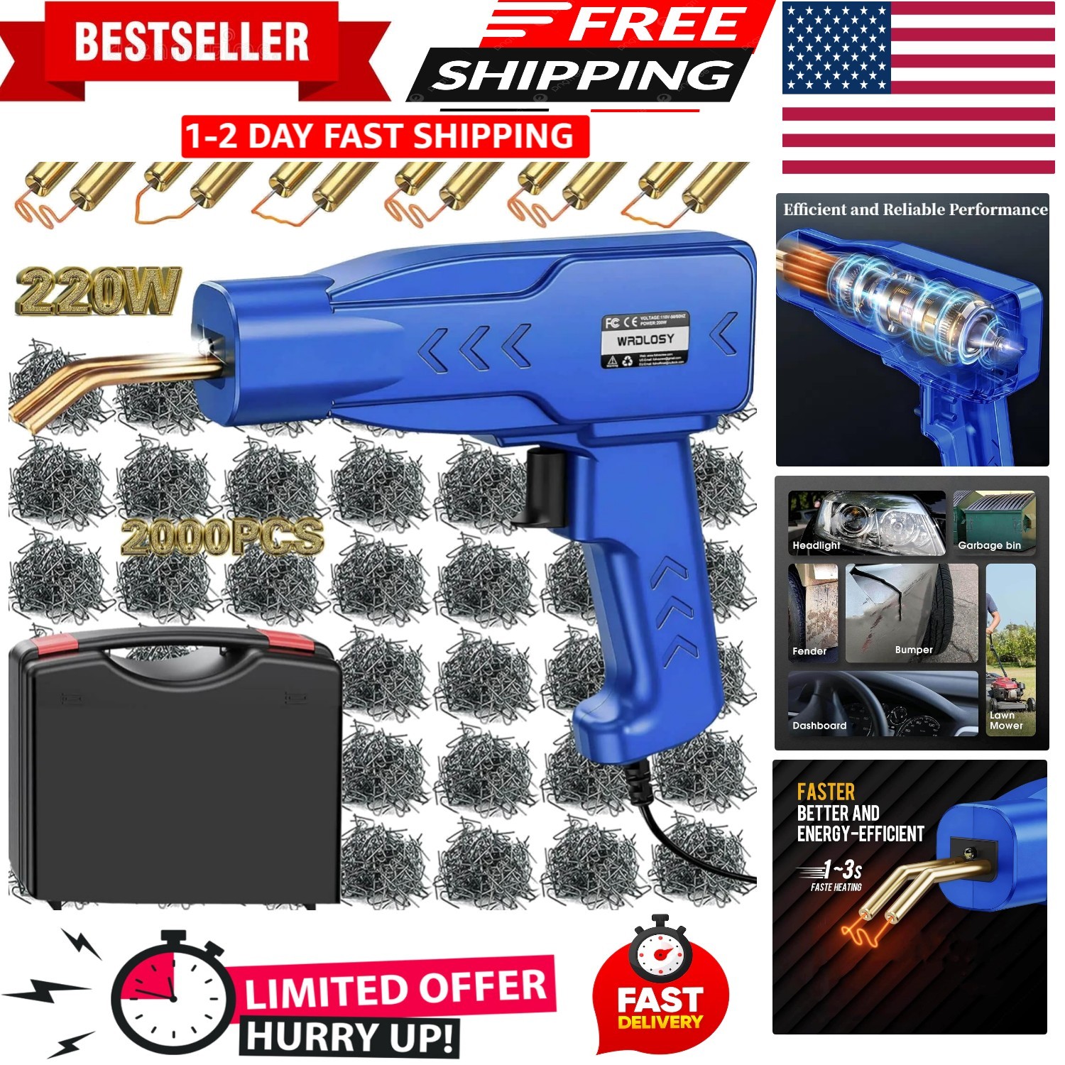 220W Plastic Welder Kit with 2000 Staples Hot Stapler Bumper Repair Tool with Ca