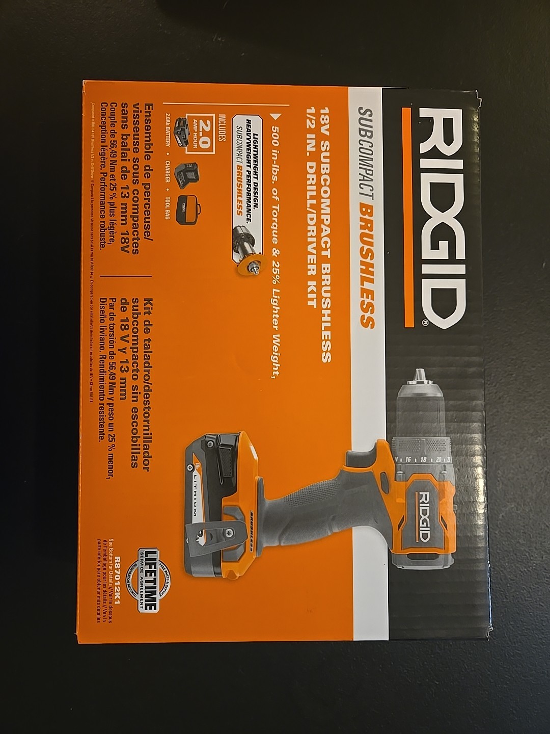 RIDGID 18V SubCompact Brushless Cordless Drill/Driver Kit R87012K1 2 Ah Battery