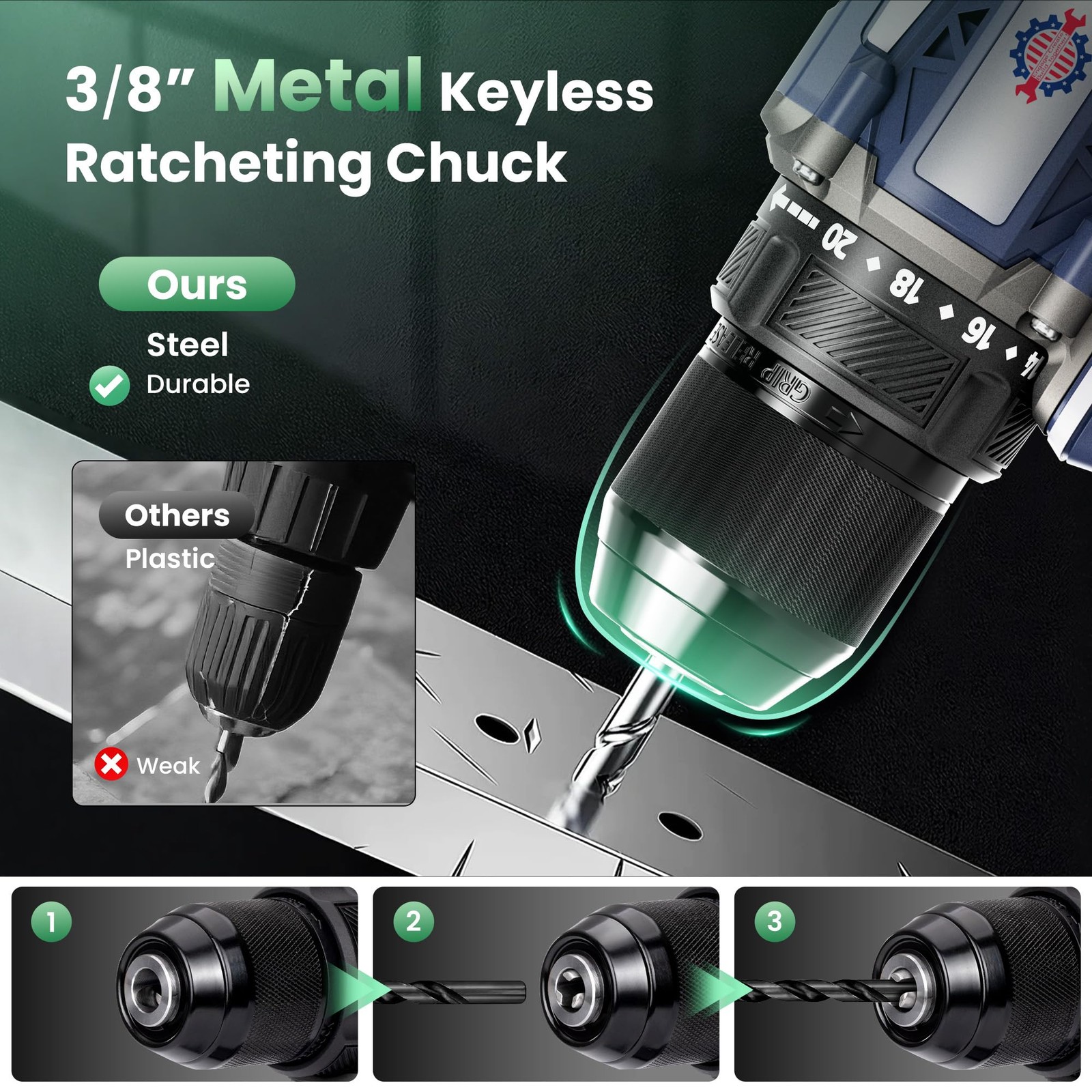 Brushless Cordless Drill Set, 70N.m (620 in-lb), 3/8&Prime; Keyless Metal Chuck, 20…