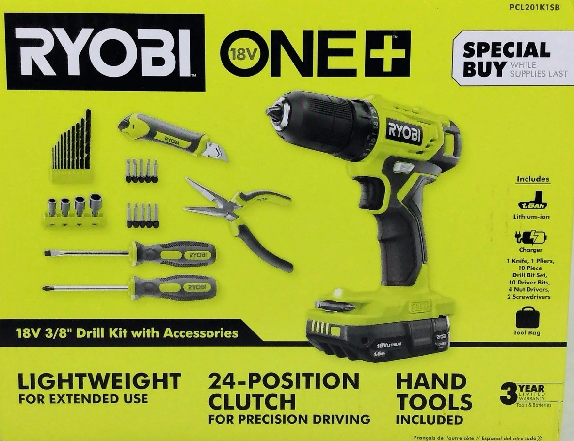 Ryobi ONE + 18V 3/8&Prime; Drill Kit with Accessories PCL201K1SB