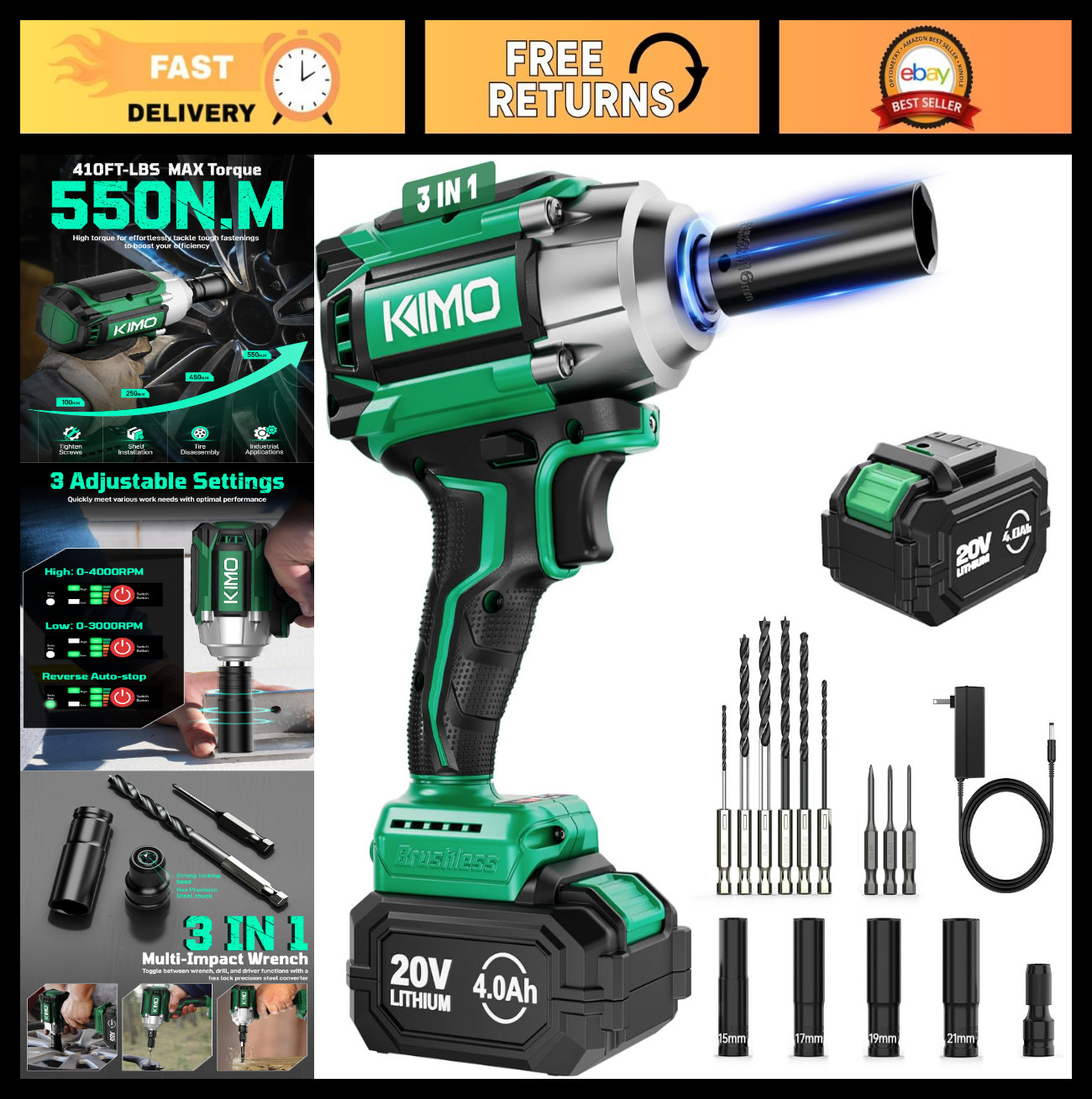 Cordless 1/2&Prime; Impact Wrench 550N.m, 4000RPM, 9-Piece Drill Set, 20V Battery