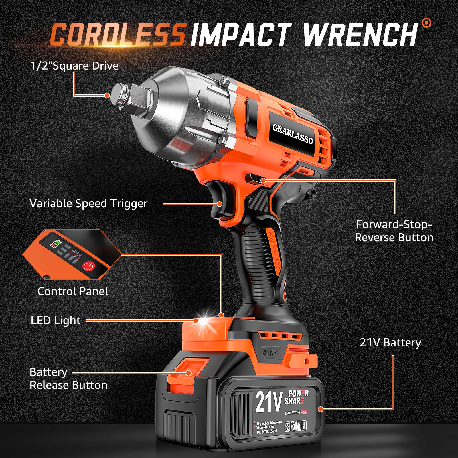 Electric Impact Wrench 800N.m 1/2 Drive Gearlasso Kit With 2 Batteries