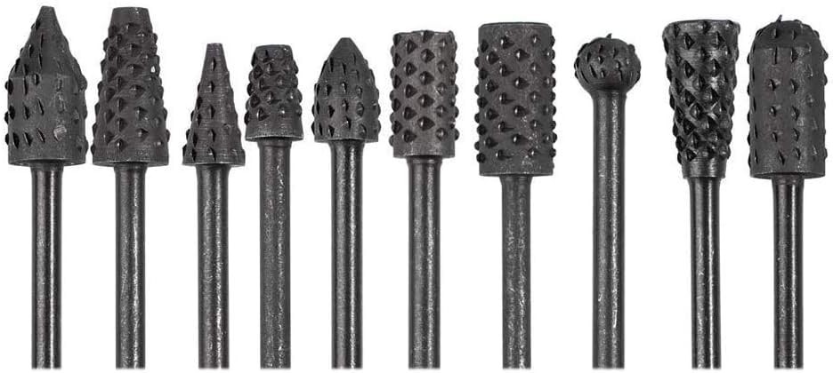 10pc 1/8 »(3mm) Shank Carbon Steel Rotary Burr Rasp Set Wood Carving File Rasp D