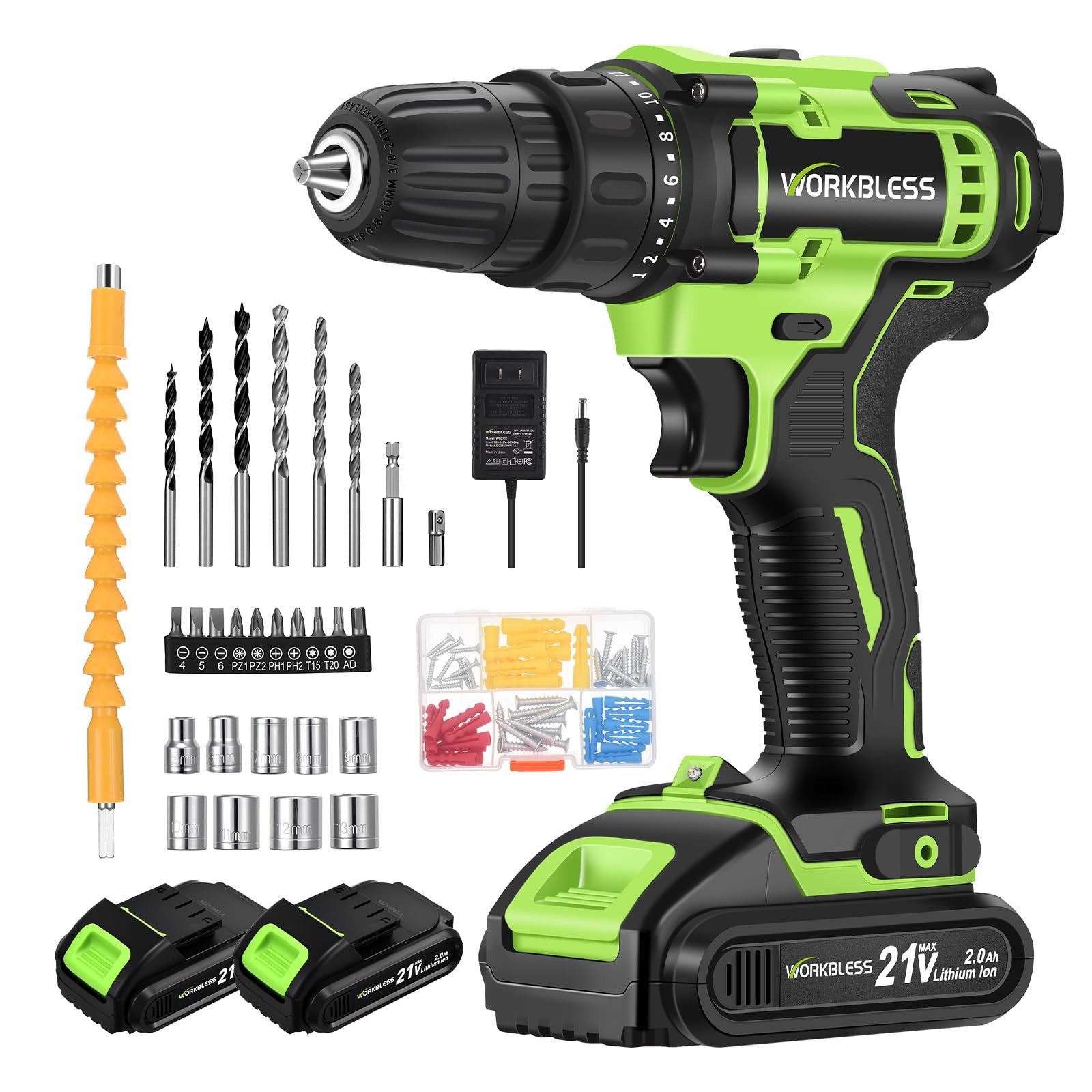 21V Green Cordless Power Drill Set 3/8 Inch Chuck 18+1 Torque 28 PCS Bits
