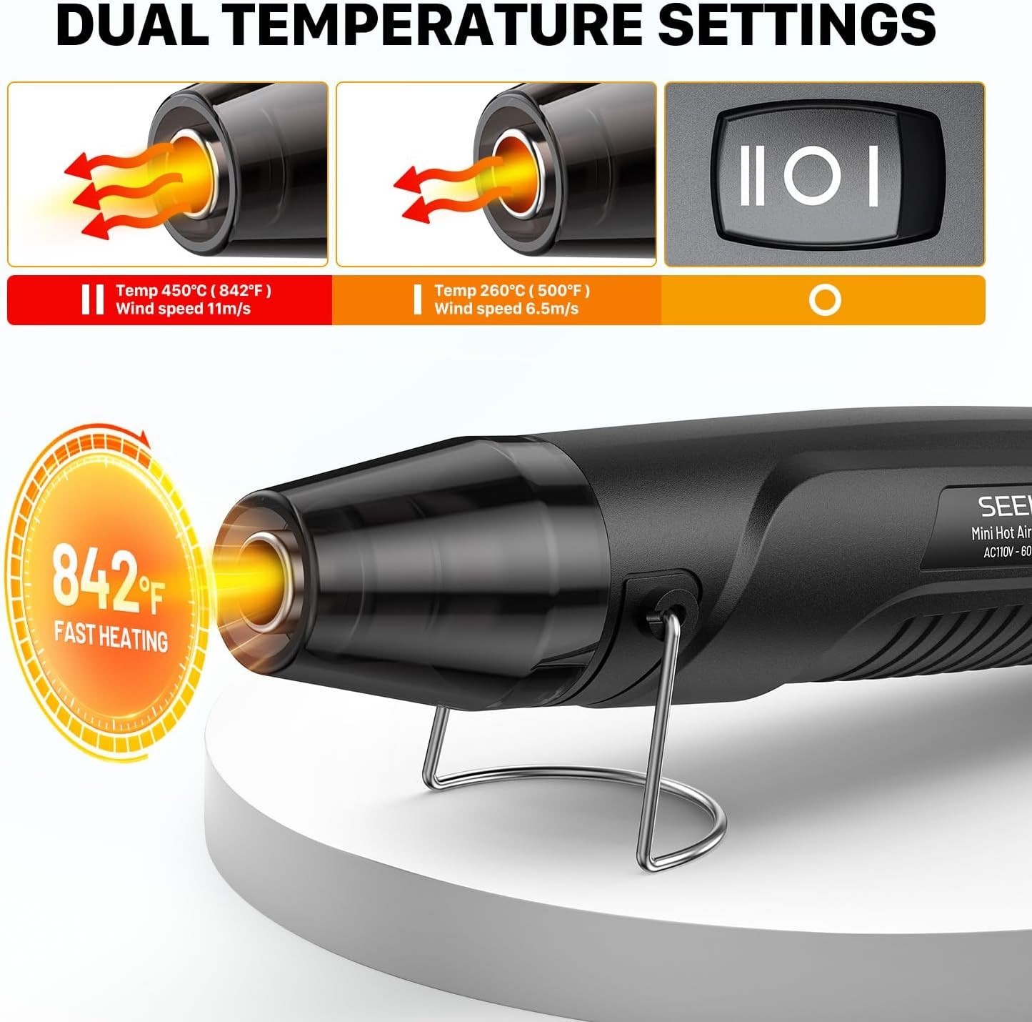 SEEKONE 350W Mini Heat Gun Dual-Temp 500℉ & 842℉ for crafts- Black | lightweight
