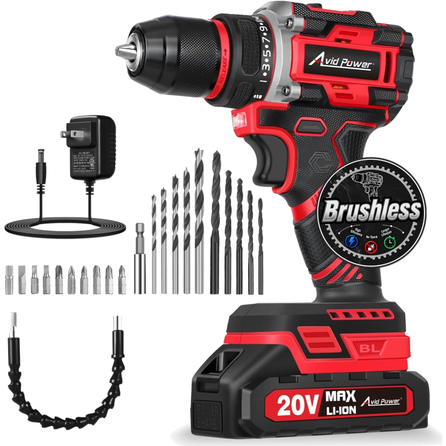 High-Torque 355 In-Lbs Brushless Drill with 2-variable Speeds & Accessories