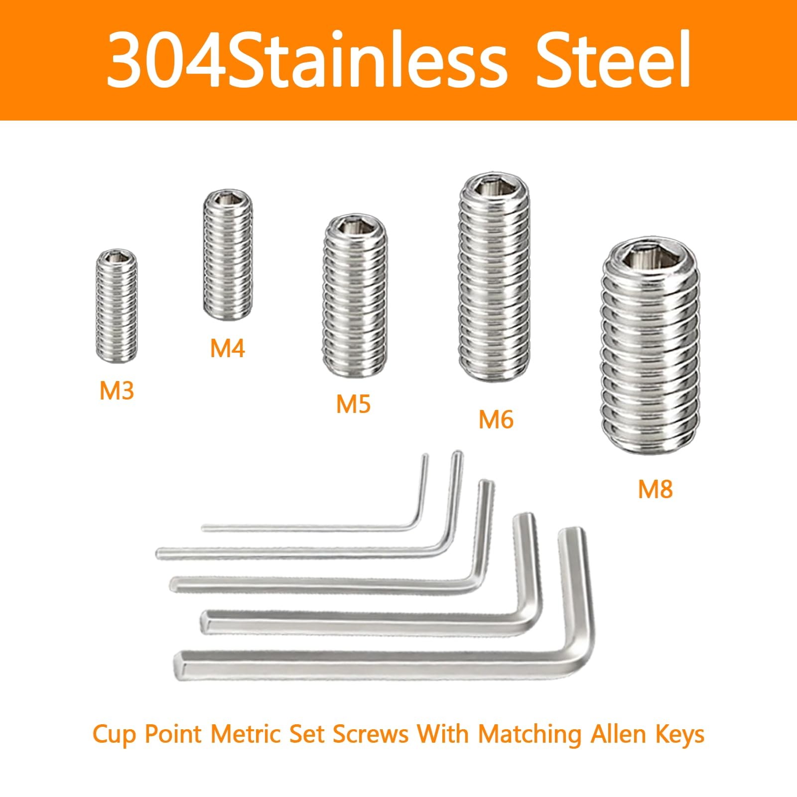 300 Pcs 24 Size Set Screws Assortment Kit (M3, M3-m8, Silver-Metric-300