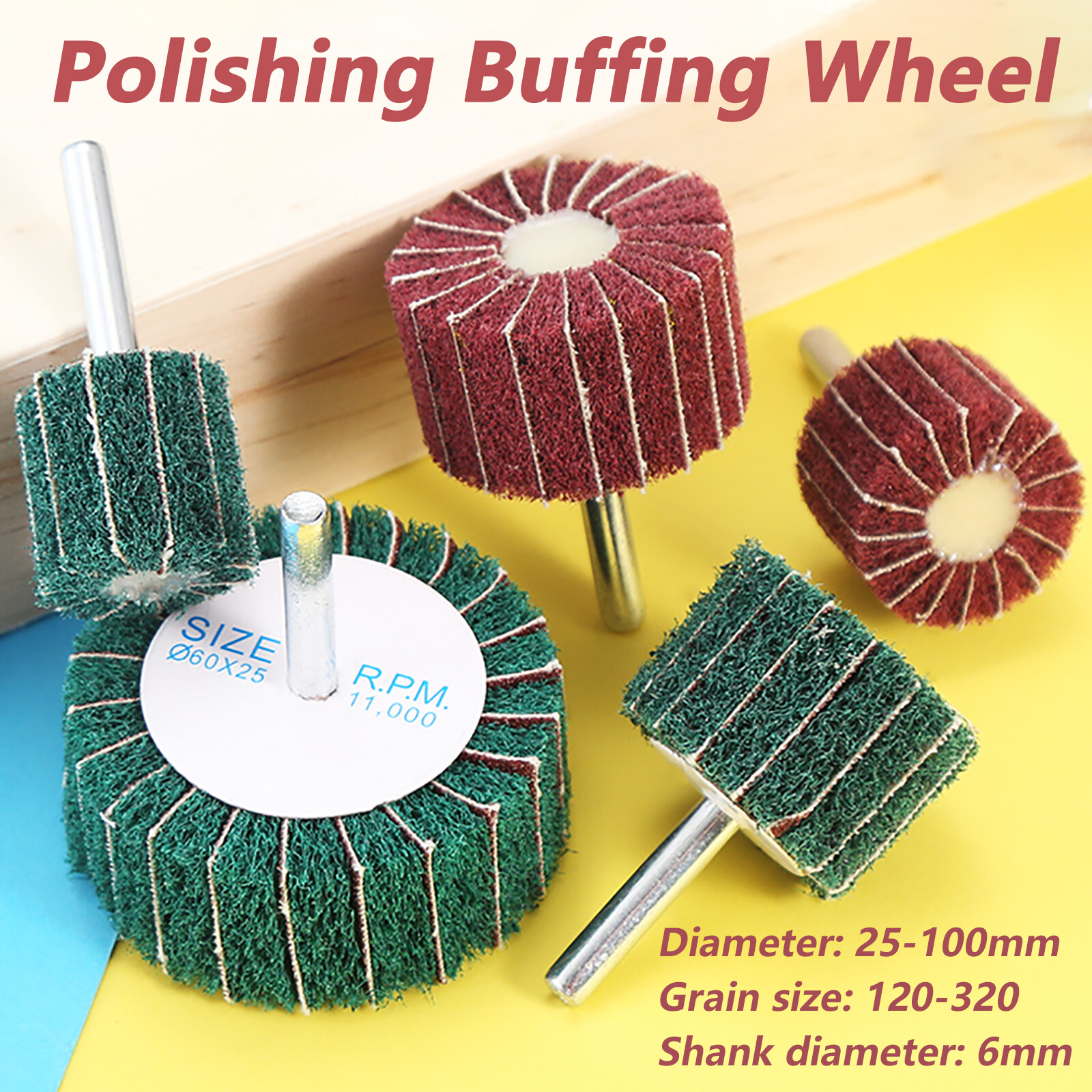 Non-woven Flap Polishing Buffing Wheel Nylon Scouring Abrasive Disc 6mm Shank