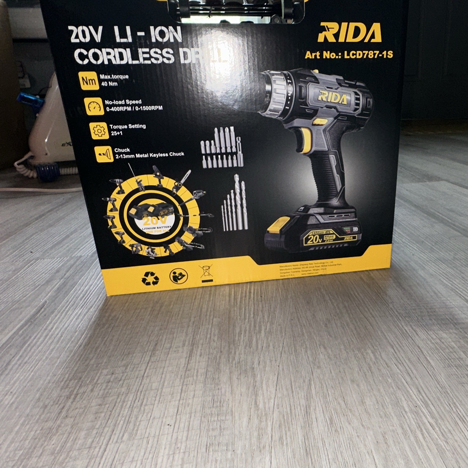 RIDA 20V Li-Ion Cordless Drill Kit LCD787-1S 1 Battery Fast Charger Bits
