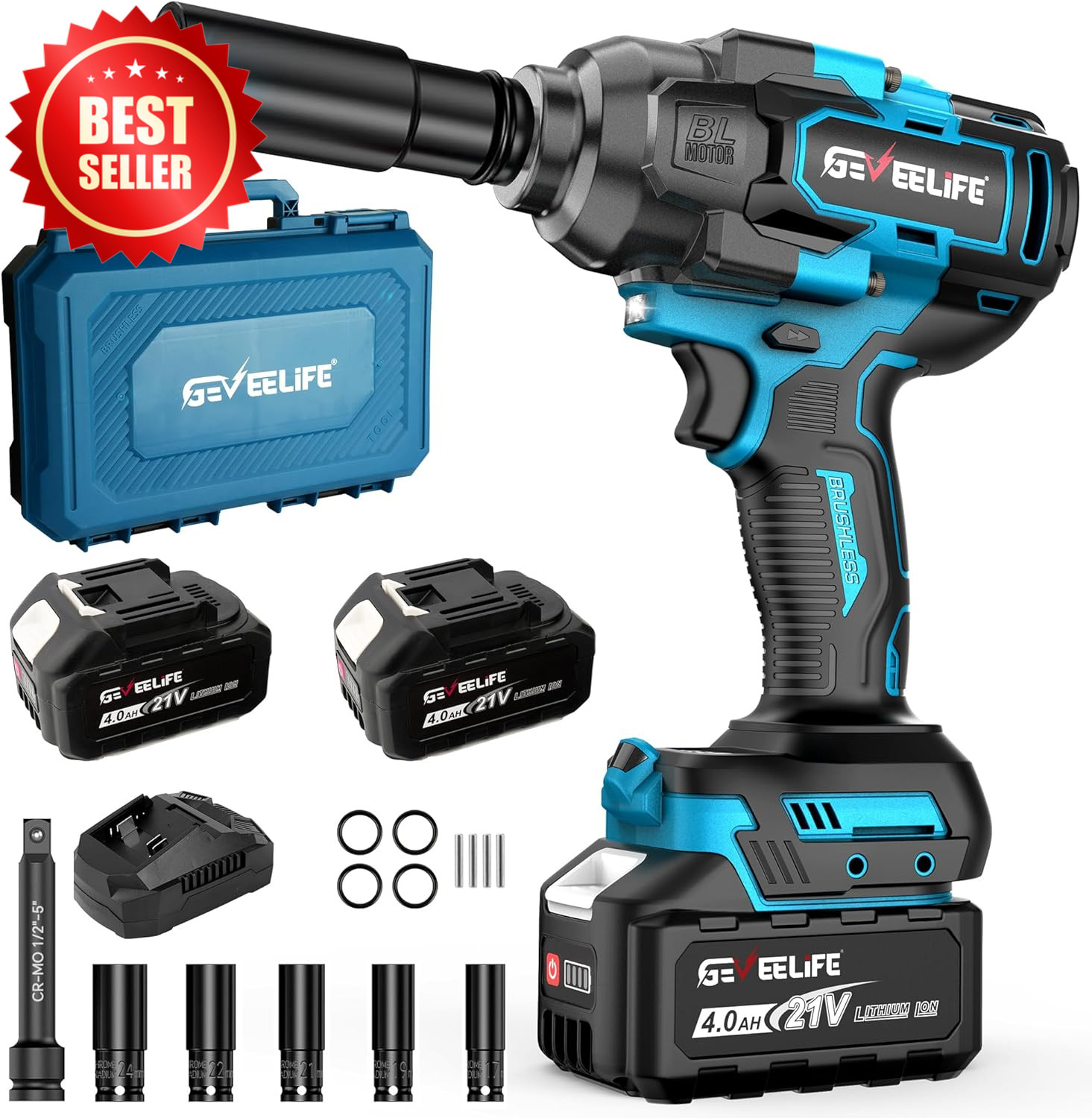 1/2&Prime; Brushless Impact Wrench 900Ft-Lbs 2X 4.0Ah Battery Charger Kit US