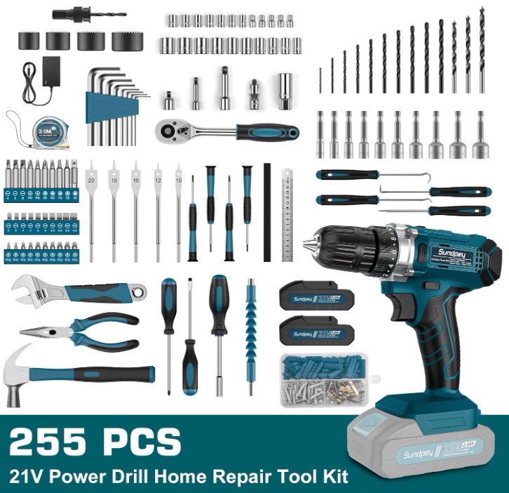 Kit de Herramientas 255 Piezas con Taladro Inalámbrico 21V y 2 Baterías 2.0Ah