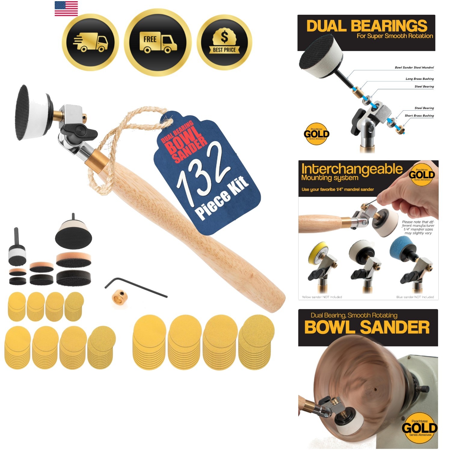 Bowl Sander Tool Kit – Dual Bearing Head & Hardwood Handle, 132 Piece Wood Sa…