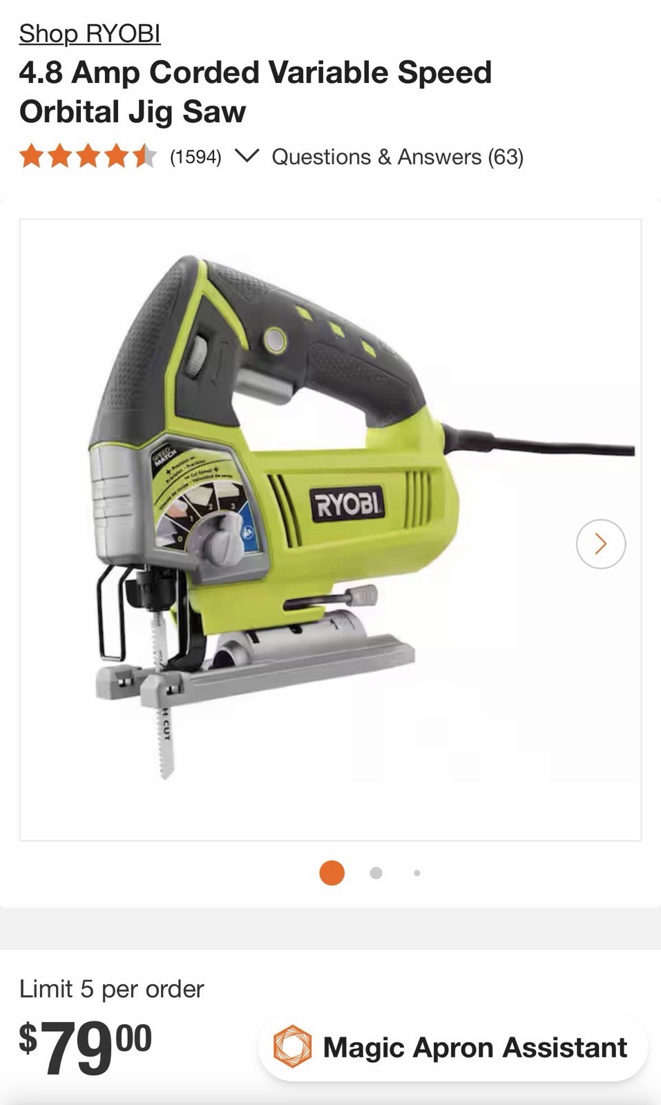 RYOBI Jig Saw NEW 4.8 Amp Corded Variable Speed Orbital Jig Saw