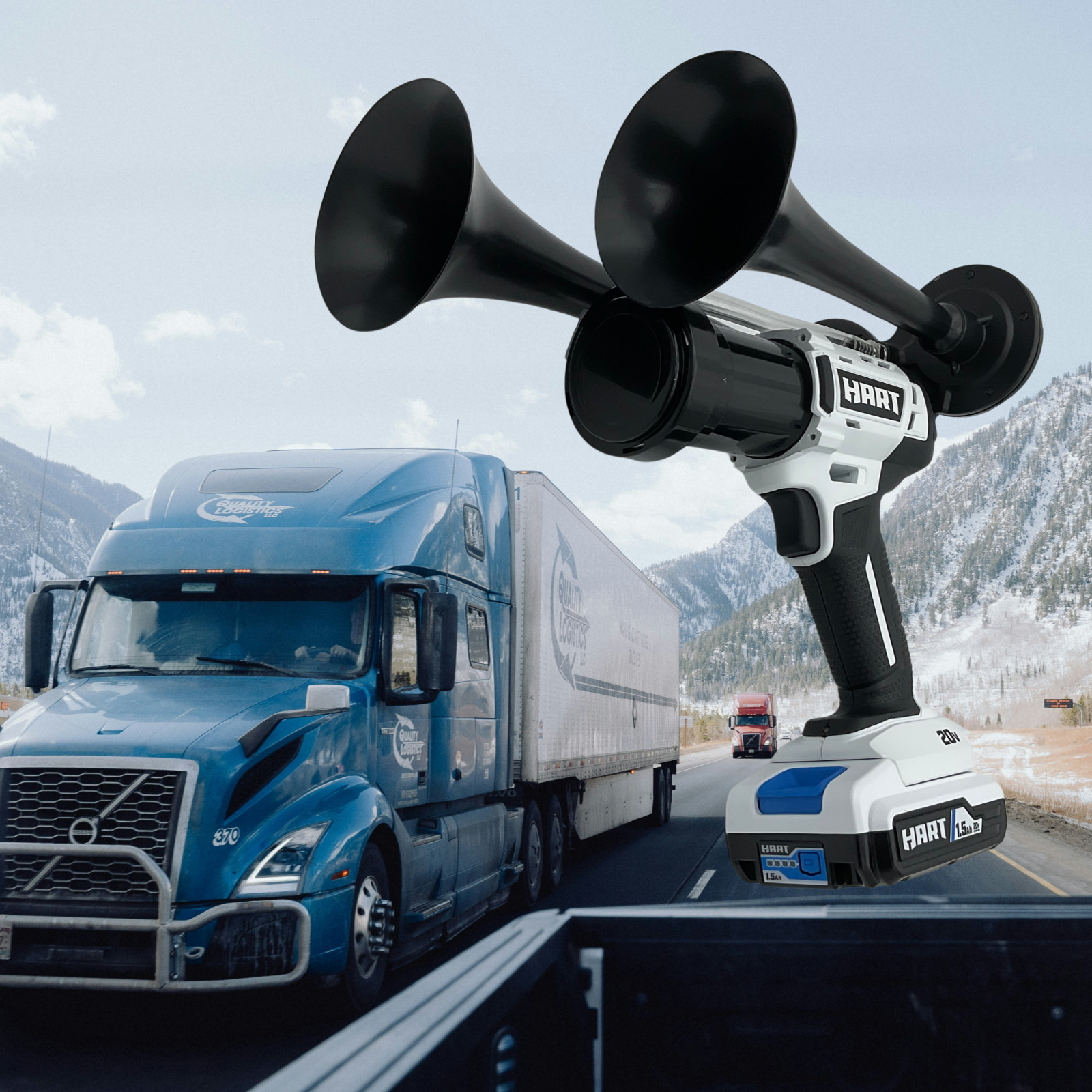 For Hart 20V Drill Train Truck Horn Dual Black Air Trumpets w/Battery +Charger