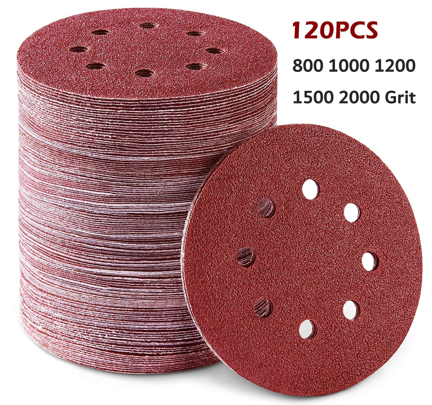 120x 5inch Sanding Discs 800-2000 Grit Hook Loop 8-Hole Orbital Sander Sandpaper